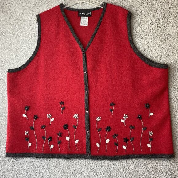 VTG Sag Harbor Sweater Vest Women 2XL Red Gray Boiled Wool Mohair Embroidered - Picture 1 of 9